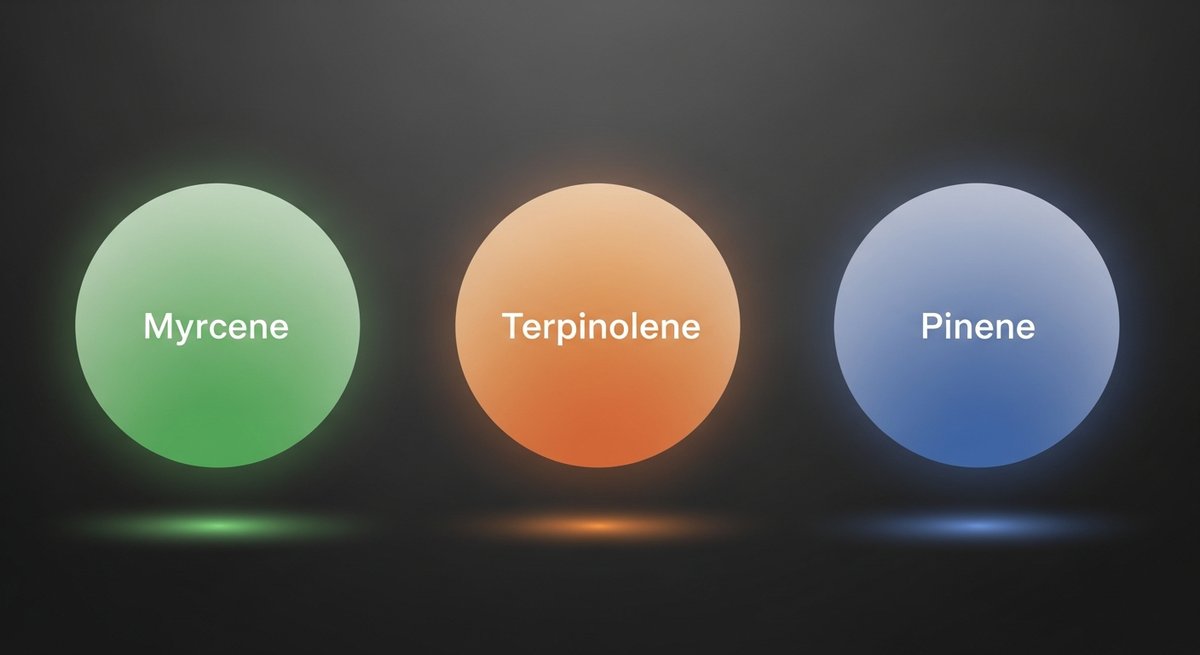 Silver Haze CBD Strain 2 Terpene profile graphic for Silver Haze CBD showing Myrcene in green, Terpinolene in orange, and Pinene in blue