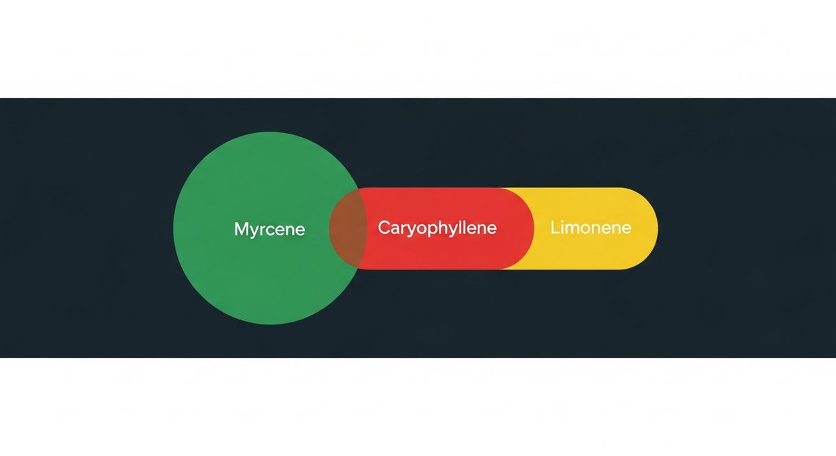 Sirius Black Strain 2 Terpene profile graphic for Sirius Black showing Myrcene in green, Caryophyllene in red, and Limonene in yellow