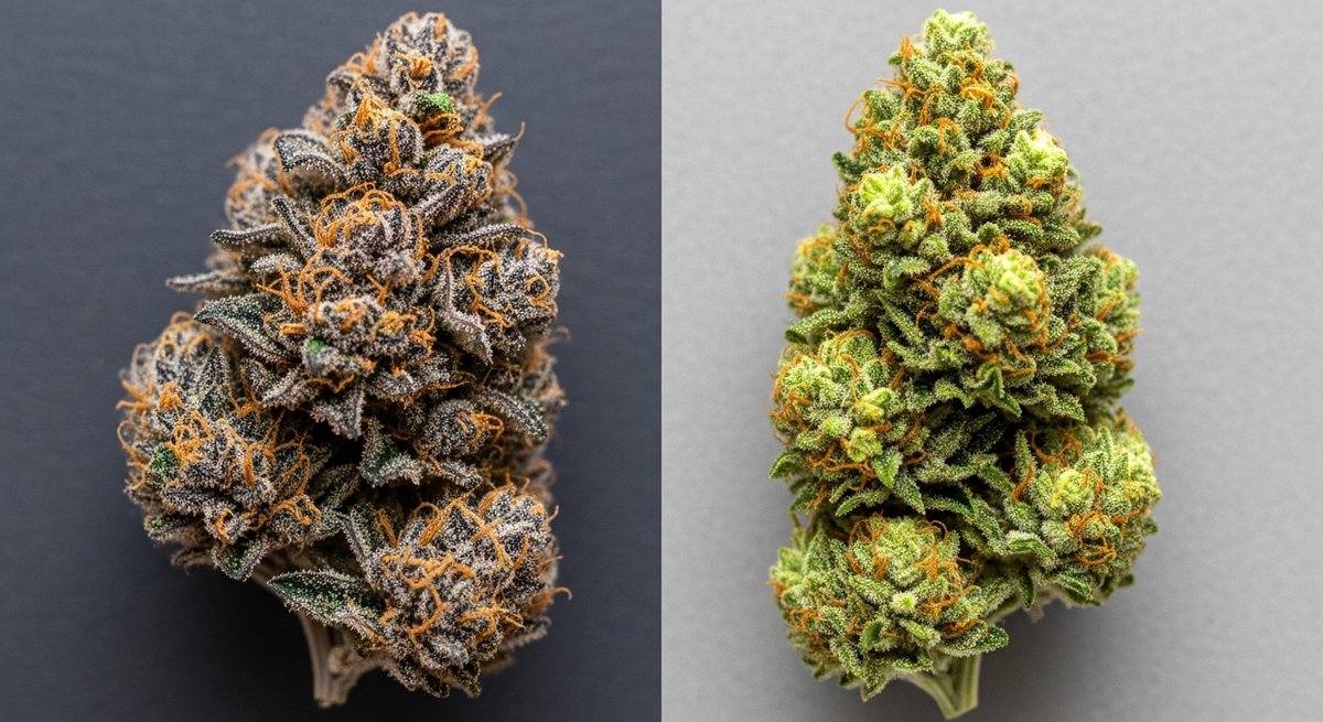 Skywalker OG strain vs OG Kush strain — Which Is Right for You? 4 Flat-lay comparison of Skywalker OG and OG Kush buds on contrasting surfaces highlighting differences in color and texture