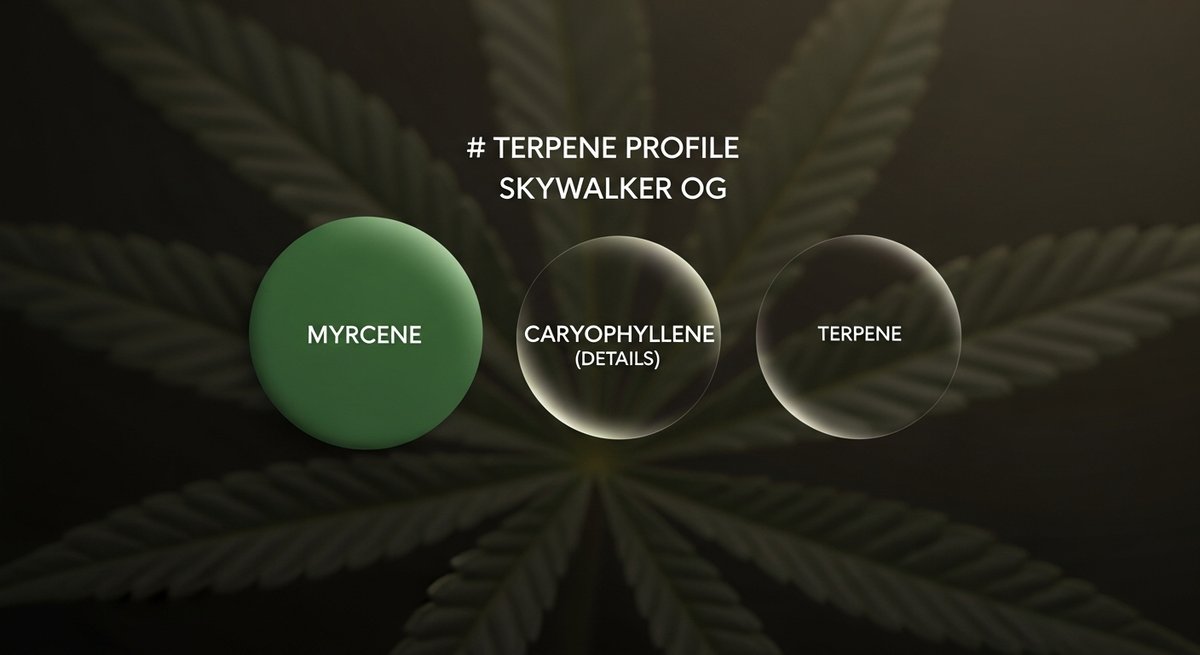 Skywalker OG Strain 2 Terpene profile graphic for Skywalker OG showing Myrcene in green, Caryophyllene in red, and Linalool in purple