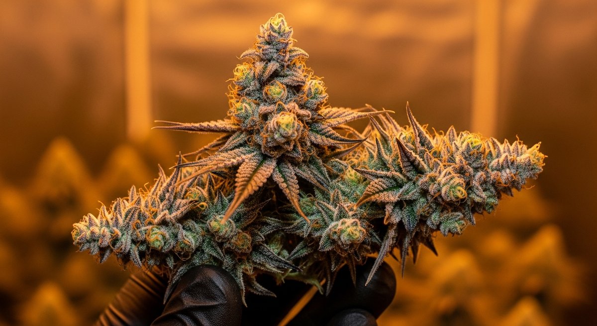 Skywalker OG strain vs OG Kush strain — Which Is Right for You? 5 Macro shot of a trichome-heavy Skywalker OG bud held in a gloved hand under warm grow-room lighting, showing intense resin de