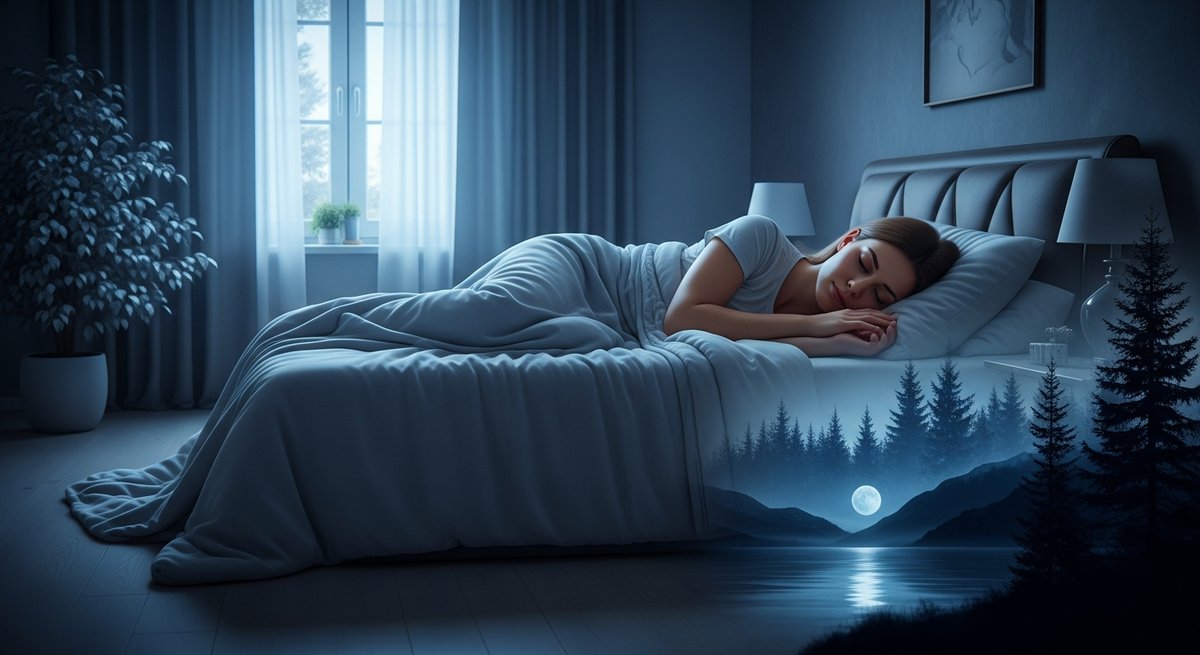 Death Star strain vs OG Kush strain — Which Is Right for You? 6 Adult woman sleeping peacefully in moonlit bedroom with white bedding, conveying deep restful sleep