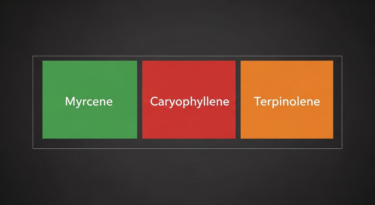 Strawberry Cough Strain 2 Terpene profile graphic for Strawberry Cough showing Myrcene in green, Caryophyllene in red, and Terpinolene in orange