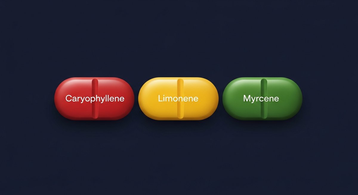 Sundae Driver Strain 2 Terpene profile graphic for Sundae Driver showing Caryophyllene in red, Limonene in yellow, and Myrcene in green