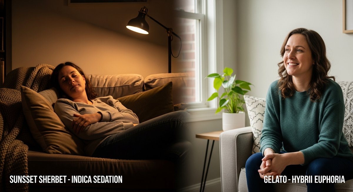 Sunset Sherbet strain vs Gelato strain — Which Is Right for You? 6 Two adults showing contrasting relaxed sedation and uplifted euphoria moods illustrating strain effects comparison