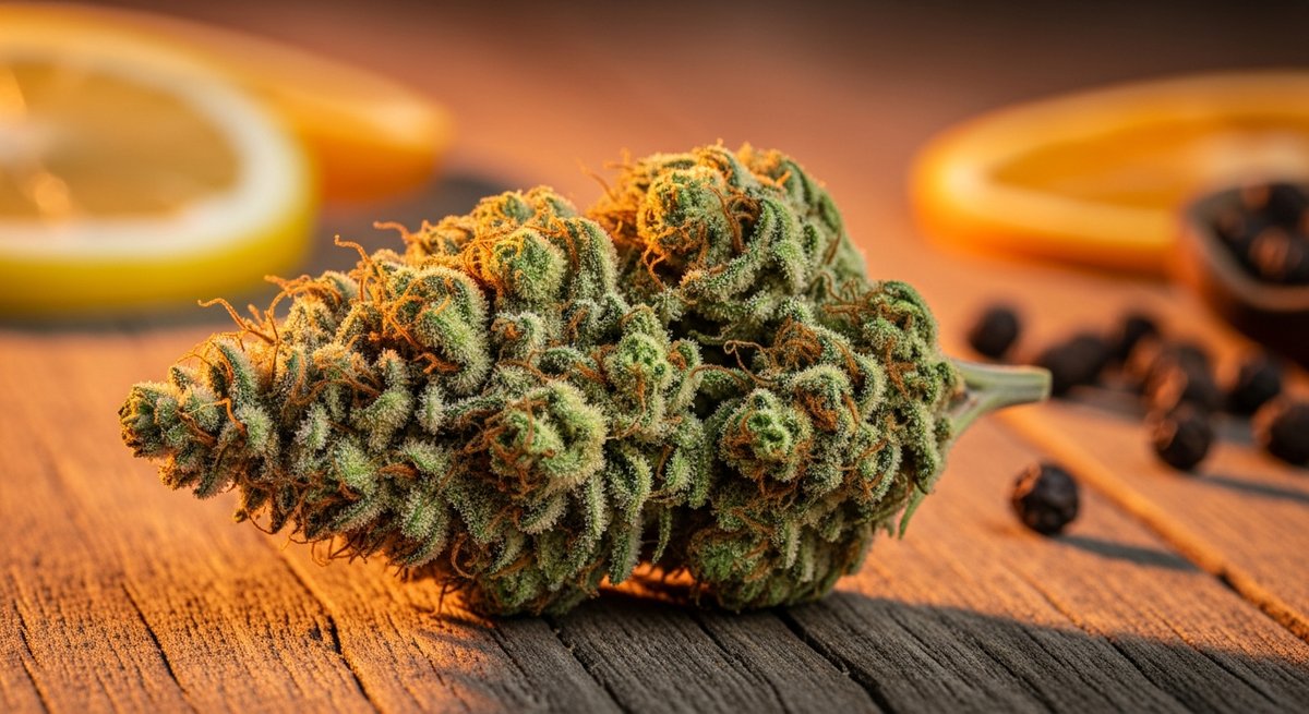 Sunset Sherbet strain vs Gelato strain — Which Is Right for You? 4 Macro close-up of a Sunset Sherbet cannabis bud with orange pistils and golden trichomes on warm wood