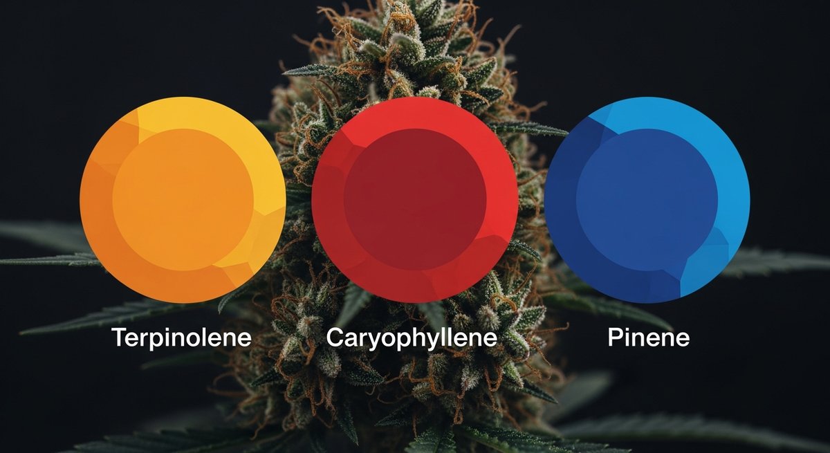 Super Jack Strain 2 Super Jack terpene profile graphic showing Terpinolene in orange, Caryophyllene in red, and Pinene in blue