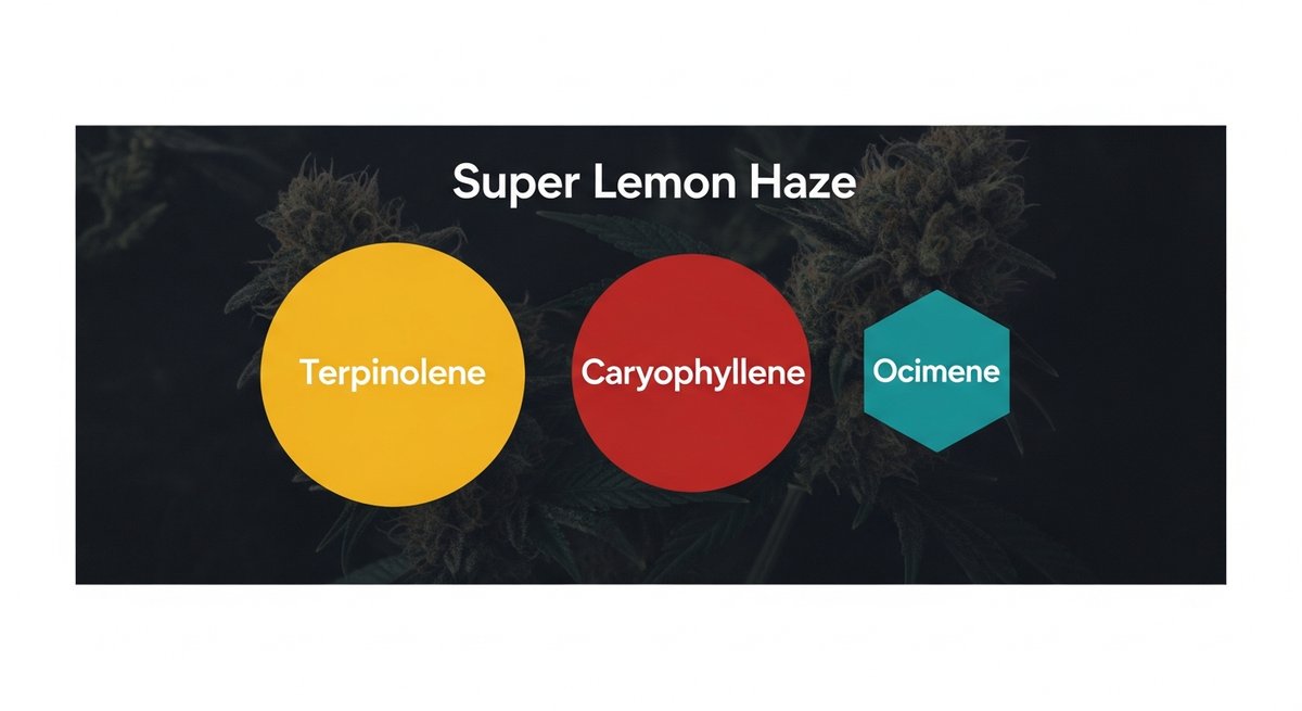 Super Lemon Haze Strain 2 Terpene profile graphic for Super Lemon Haze showing Terpinolene in orange, Caryophyllene in red, and Ocimene in teal
