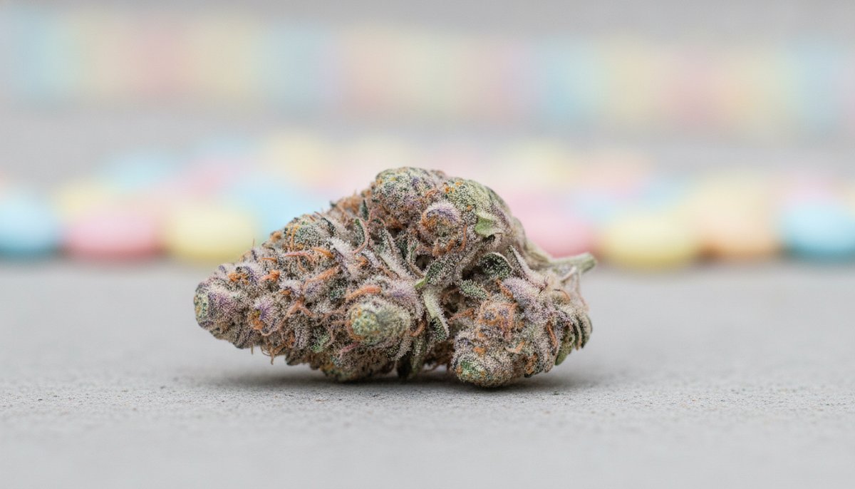Bacio Gelato strain vs Super Runtz strain — Which Is Right for You? 53 Colorful Super Runtz cannabis bud with pastel purples and dense trichomes on grey concrete