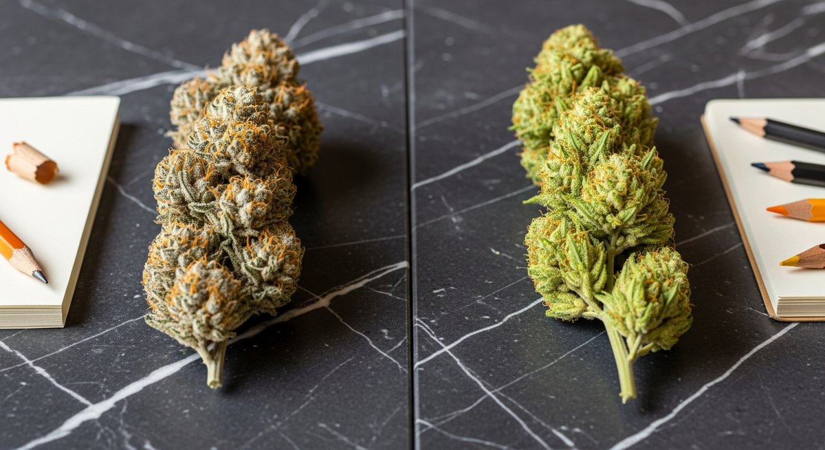 Super Silver Haze strain vs Amnesia Haze strain — Which Is Right for You? 5 Two cannabis buds on a marble surface flanked by a notebook and sketchpad illustrating contrasting focus and creative effects