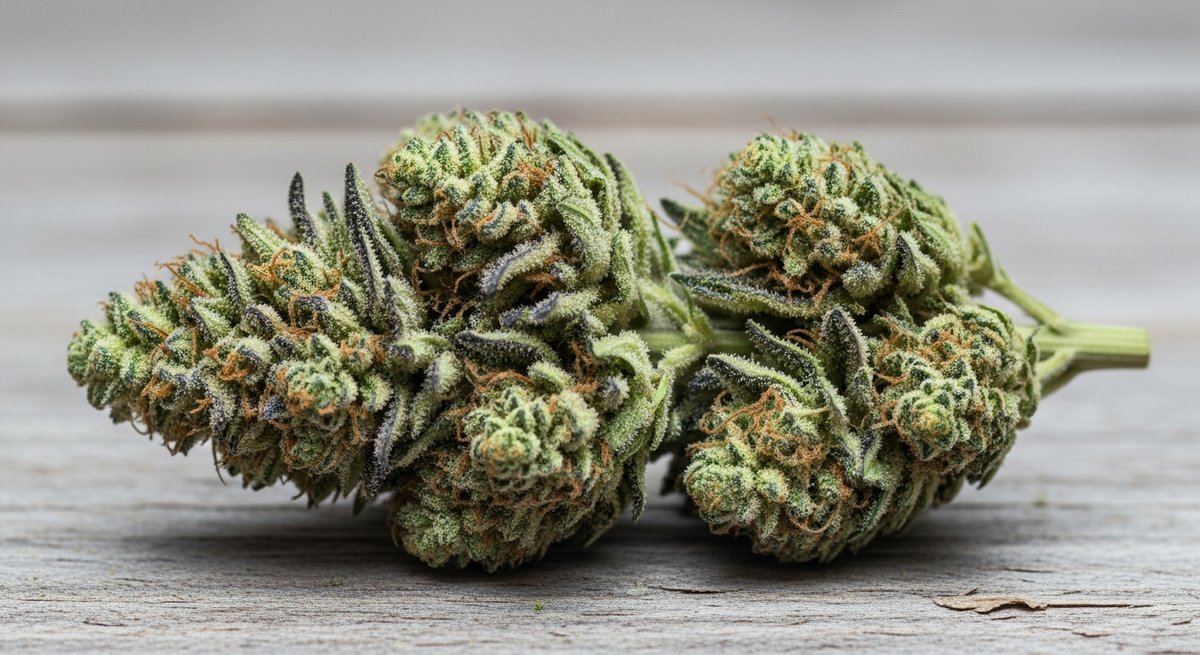 Super Silver Haze strain vs Amnesia Haze strain — Which Is Right for You? 4 Dense Super Silver Haze cannabis bud with heavy trichome frost and orange pistils on a weathered wooden surface
