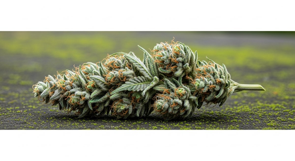 Moby Dick strain vs Super Silver Haze strain — Which Is Right for You? 5 Editorial macro of an elongated Super Silver Haze sativa bud resting on dark moss-covered stone