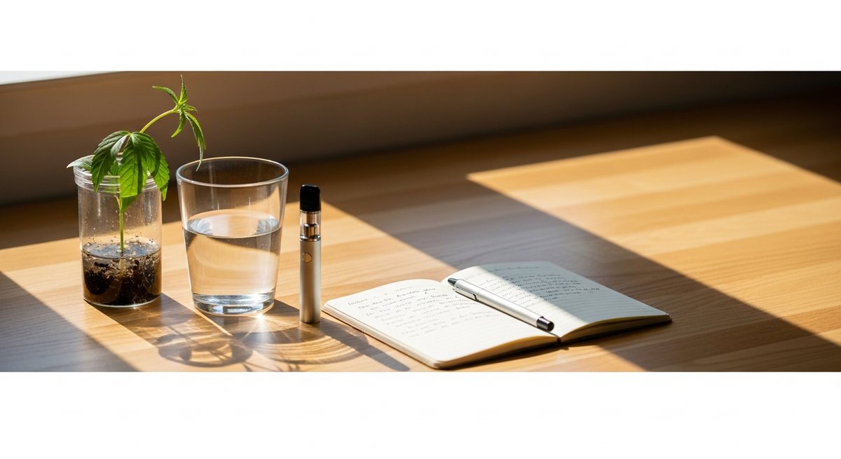 Best Vapes for Energy and a Morning Lift 12 Minimalist morning routine flat lay with vape pen, notebook, water glass, and plant in warm light