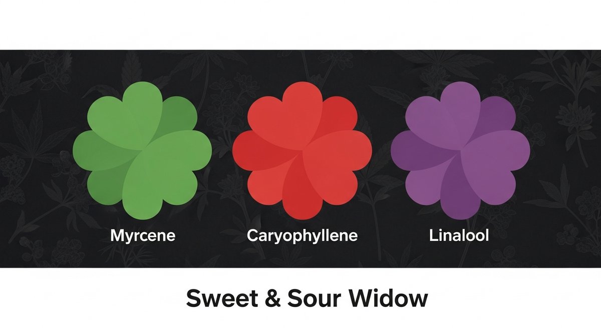 Sweet and Sour Widow Strain 2 Terpene profile graphic for Sweet and Sour Widow showing Myrcene green, Caryophyllene red, and Linalool purple