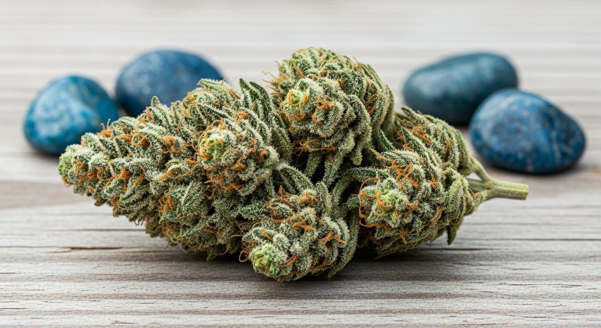 Tahoe OG strain vs Skywalker OG strain — Which Is Right for You? 4 Dense frosted Tahoe OG cannabis bud on weathered pine wood with Sierra Nevada stones