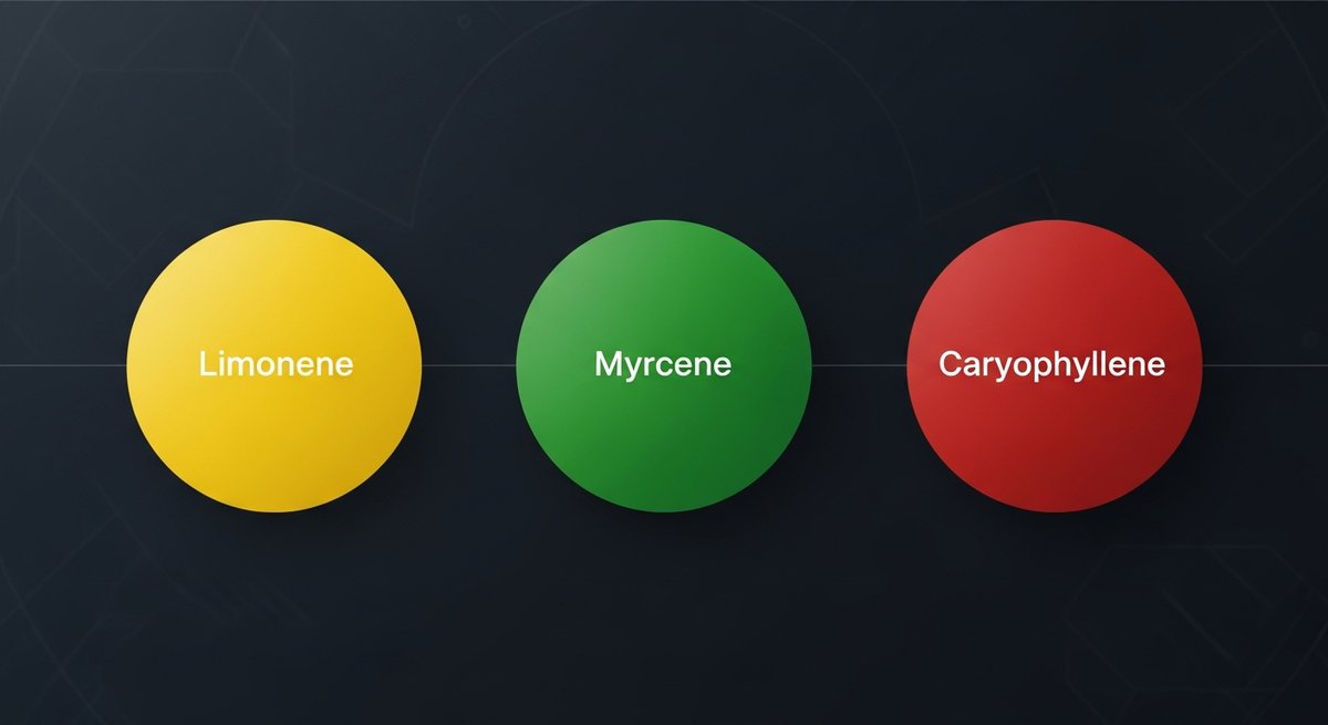 Tangie Strain 2 Terpene profile graphic for Tangie strain showing yellow Limonene, green Myrcene, and red Caryophyllene colour swatches