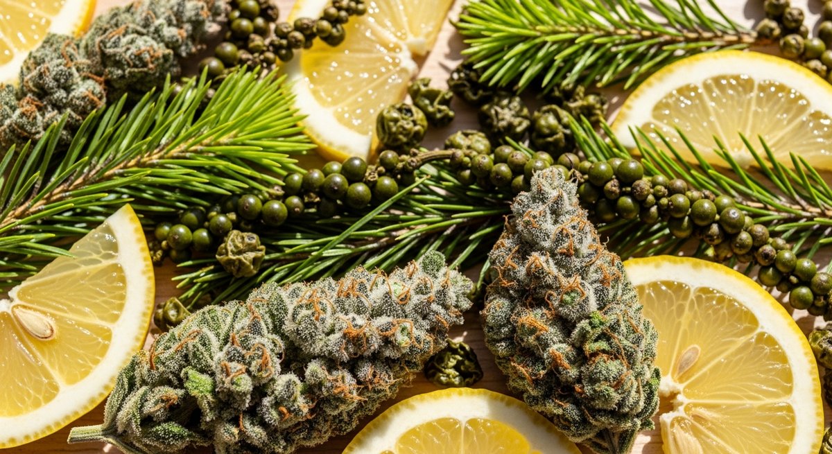 Best Wake-and-Bake Vapes: Strains That Won't Knock You Out 8 Macro arrangement of lemon, pine, and peppercorn representing energizing cannabis terpene profiles on wood.