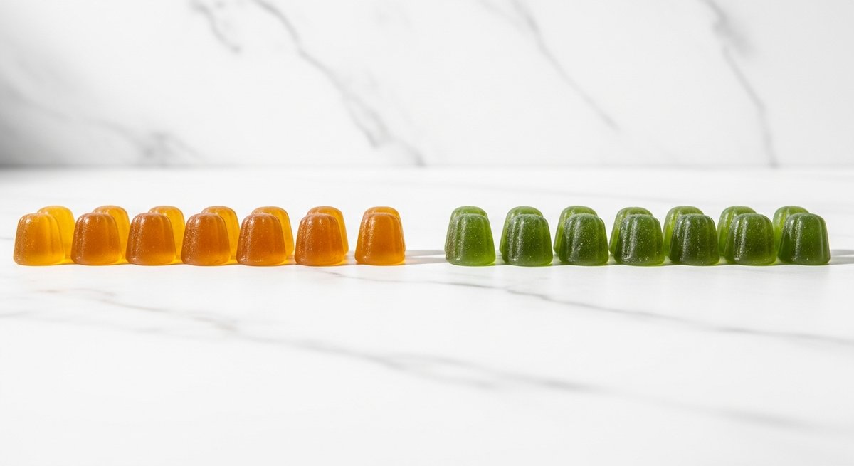 Best Pre-Workout Gummies: Cannabis for the Gym 9 Two distinct rows of cannabis gummies on marble surface comparing different cannabinoid formulations