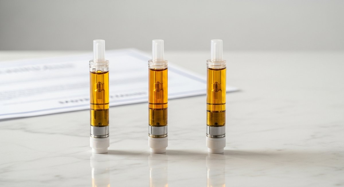 Best Carts for Energy: Top Daytime Strains in Cartridge Form 9 Three amber-colored cannabis vape cartridges of varying hues lined up on a white marble surface in daylight