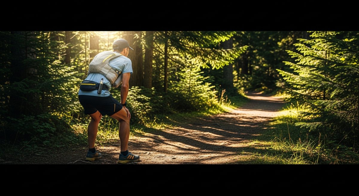 Sativa Vape Pens for Hiking Running and Outdoor Days 8 Adult trail runner pausing at a forest trailhead with a vape pen clipped to their running pack strap