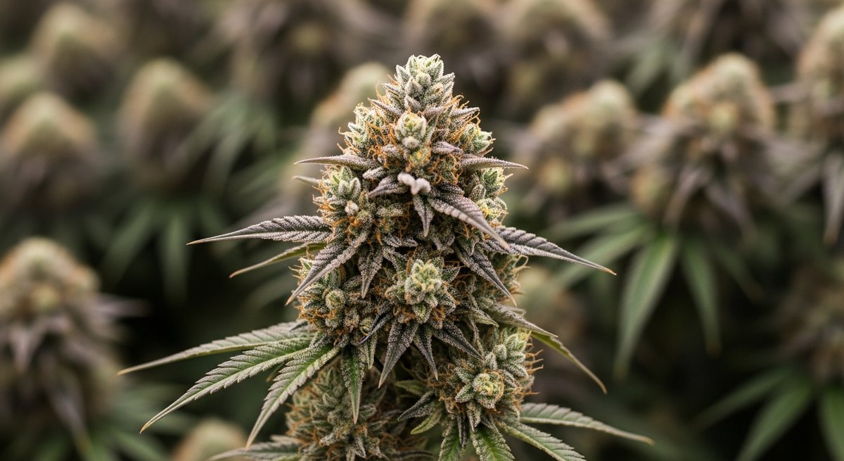 Ghost Train Haze strain vs Trainwreck strain — Which Is Right for You? 5 Trainwreck cannabis bud on weathered redwood with Humboldt County pine forest backdrop