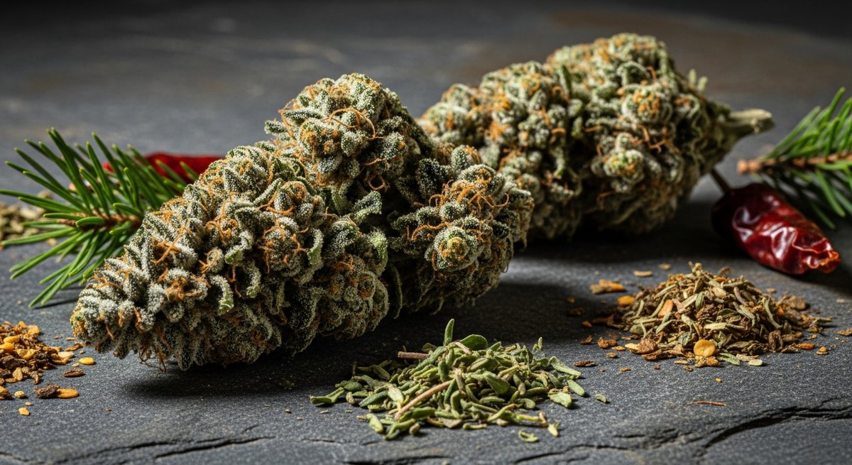 Chocolope strain vs Trainwreck strain — Which Is Right for You? 5 Dense frosted Trainwreck cannabis buds on slate surface with pine sprigs and dried herbs evoking its earthy piney terpene pro