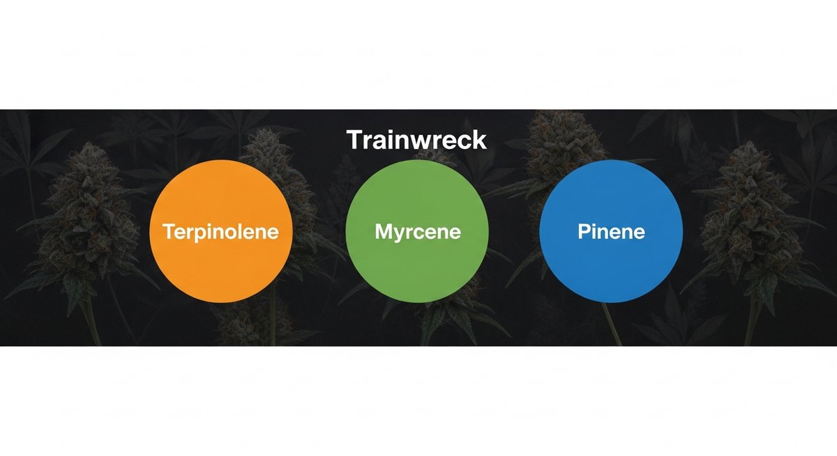 Trainwreck Strain 2 Terpene profile graphic for Trainwreck strain showing Terpinolene in orange, Myrcene in green, and Pinene in blue