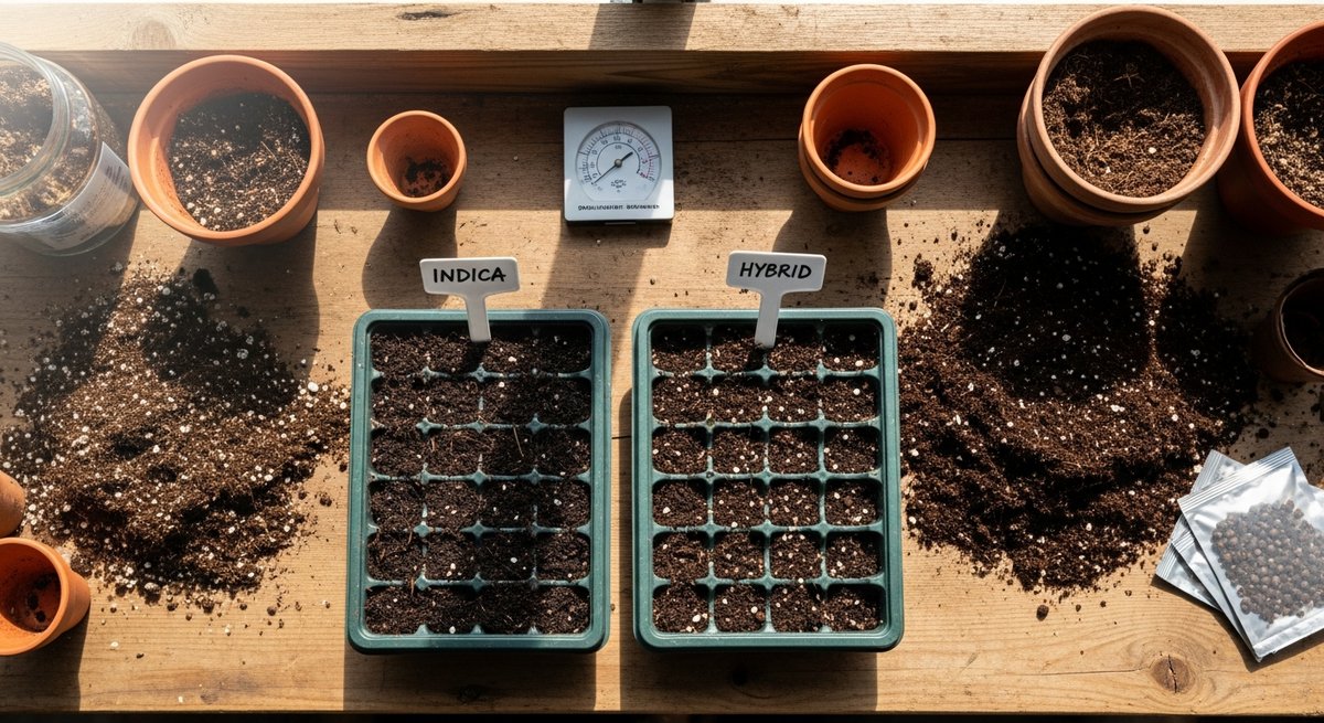 Triangle Kush strain vs OG Kush strain — Which Is Right for You? 6 Cannabis seedling trays and seed packets on a potting bench in a bright greenhouse, ready for cultivation