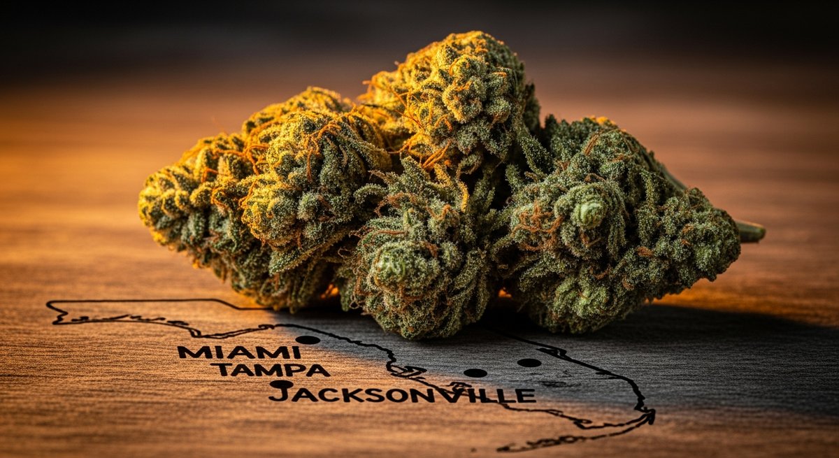 Triangle Kush strain vs OG Kush strain — Which Is Right for You? 4 Dense Triangle Kush cannabis bud with heavy trichomes on dark wood, evoking its Florida origins
