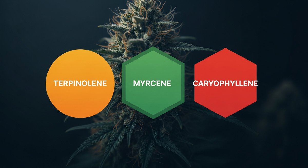 Trinity Strain 2 Terpene profile graphic for Trinity strain showing Terpinolene in orange, Myrcene in green, and Caryophyllene in red