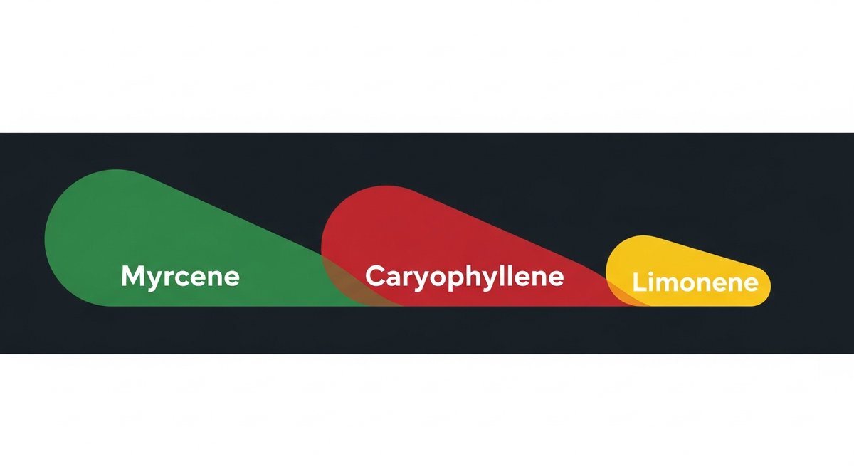 Trophy Wife Strain 2 Trophy Wife terpene profile infographic showing Myrcene in green, Caryophyllene in red, and Limonene in yellow