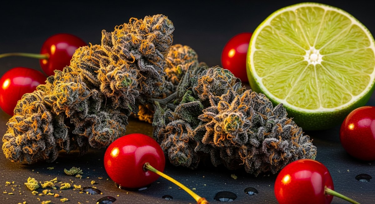 Tropicana Cherry strain vs Orange Push Pop strain — Which Is Right for You? 4 Macro editorial shot of Tropicana Cherry cannabis buds with fresh cherries and lime on dark slate surface