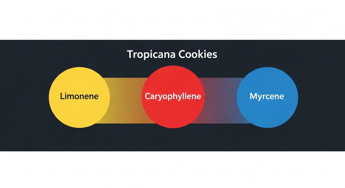 Tropicana Cookies Strain 2 Terpene profile graphic for Tropicana Cookies showing Limonene yellow, Caryophyllene red, and Myrcene green