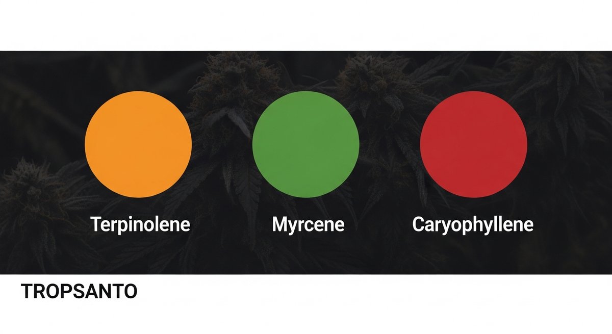 Tropsanto Strain 2 Terpene profile graphic for Tropsanto showing orange Terpinolene, green Myrcene, and red Caryophyllene swatches