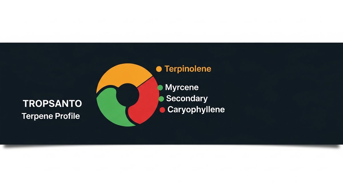 Tropsanto Strain 2 Terpene profile graphic for Tropsanto showing Terpinolene in orange, Myrcene in green, and Caryophyllene in red