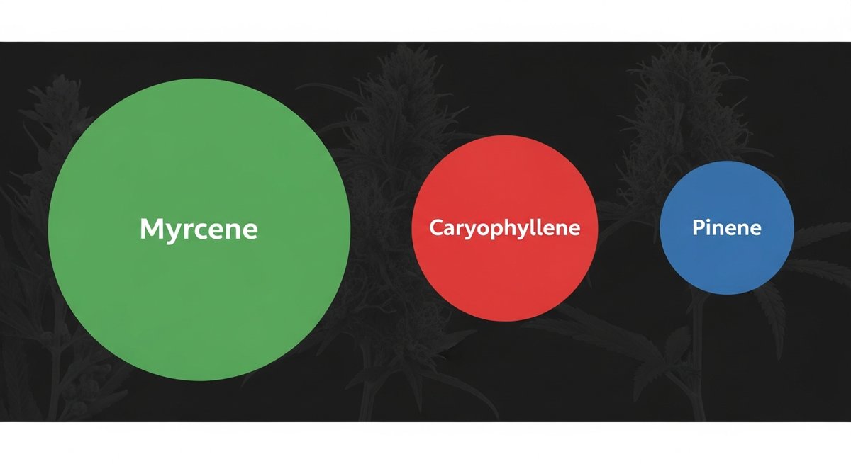Umpqua CBD Strain 2 Terpene profile graphic for Umpqua CBD showing Myrcene in green, Caryophyllene in red, and Pinene in blue
