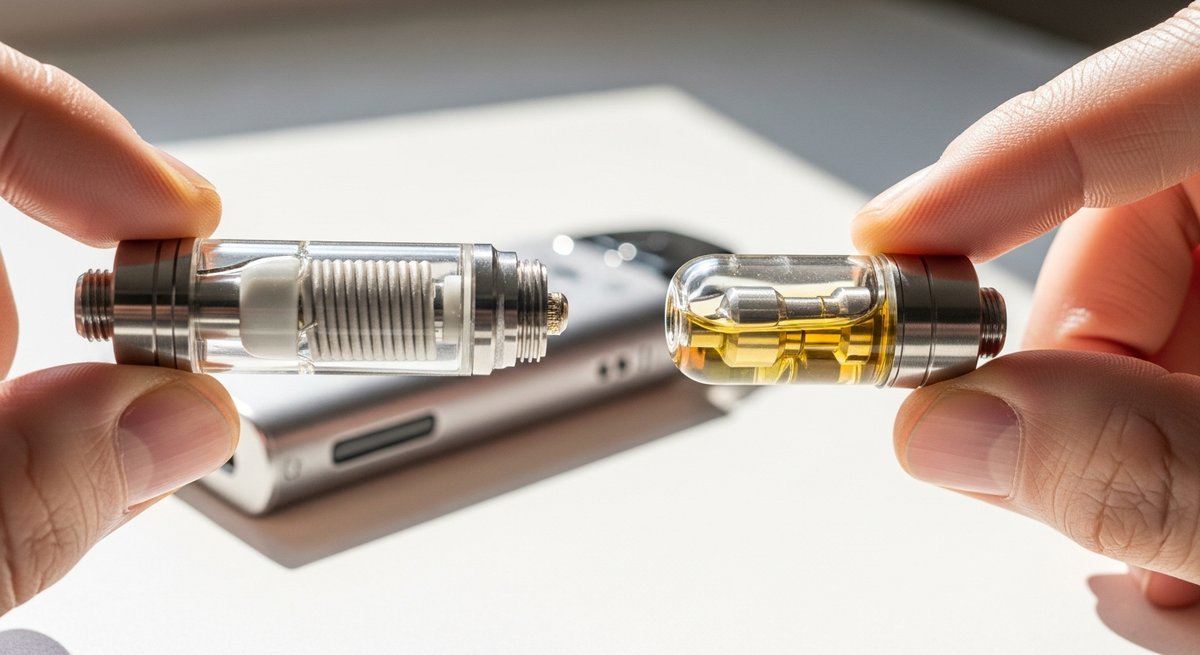 Best Vapes for Energy and a Morning Lift 8 Premium ceramic coil vape cartridge held up with temperature-controlled device in background
