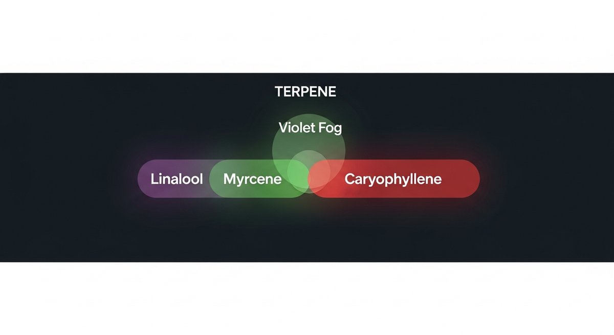 Violet Fog Strain 2 Terpene profile graphic for Violet Fog showing Linalool in purple, Myrcene in green, and Caryophyllene in red