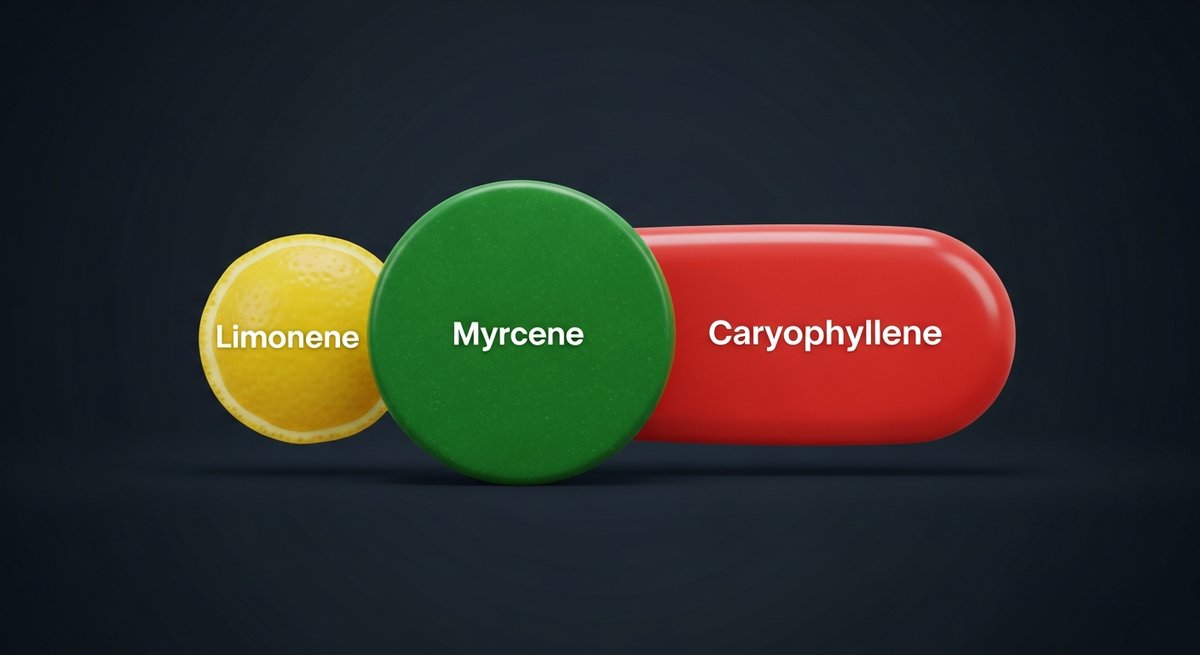Watermelon zkittlez Strain 2 Terpene profile graphic for Watermelon Zkittlez showing Myrcene in green, Caryophyllene in red, and Limonene in yellow