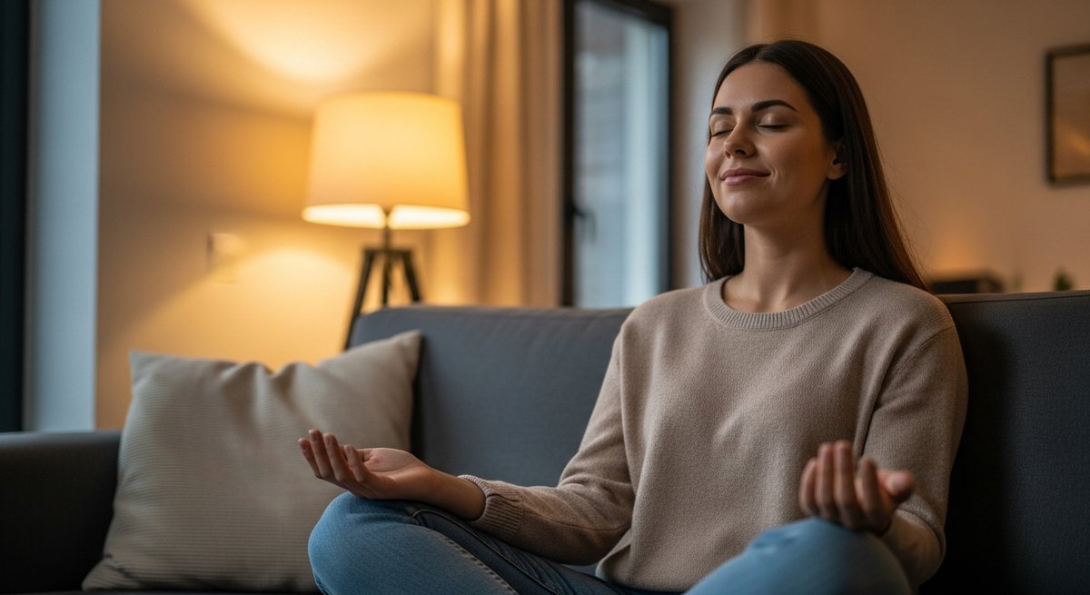 Wedding Cake strain vs Birthday Cake strain — Which Is Right for You? 5 Adult woman relaxing on a couch in warm amber light, eyes closed, conveying calm physical and mental ease