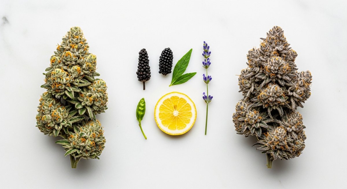 Wedding Cake strain vs Ice Cream Cake strain — Which Is Right for You? 5 Side-by-side flat-lay of Wedding Cake and Ice Cream Cake buds with terpene botanicals on marble for strain breakdown