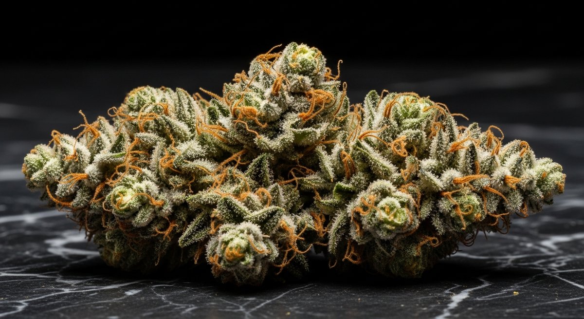 Cookies and Cream strain vs Wedding Cake strain — Which Is Right for You? 4 Macro editorial photo of a dense, crystal-coated Wedding Cake cannabis bud on dark marble