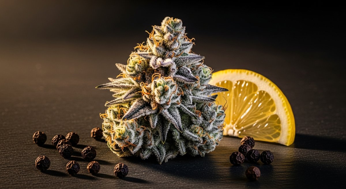 Wedding Cake strain vs Birthday Cake strain — Which Is Right for You? 4 Close-up macro of a dense, trichome-heavy Wedding Cake cannabis bud with peppercorns and lemon on slate