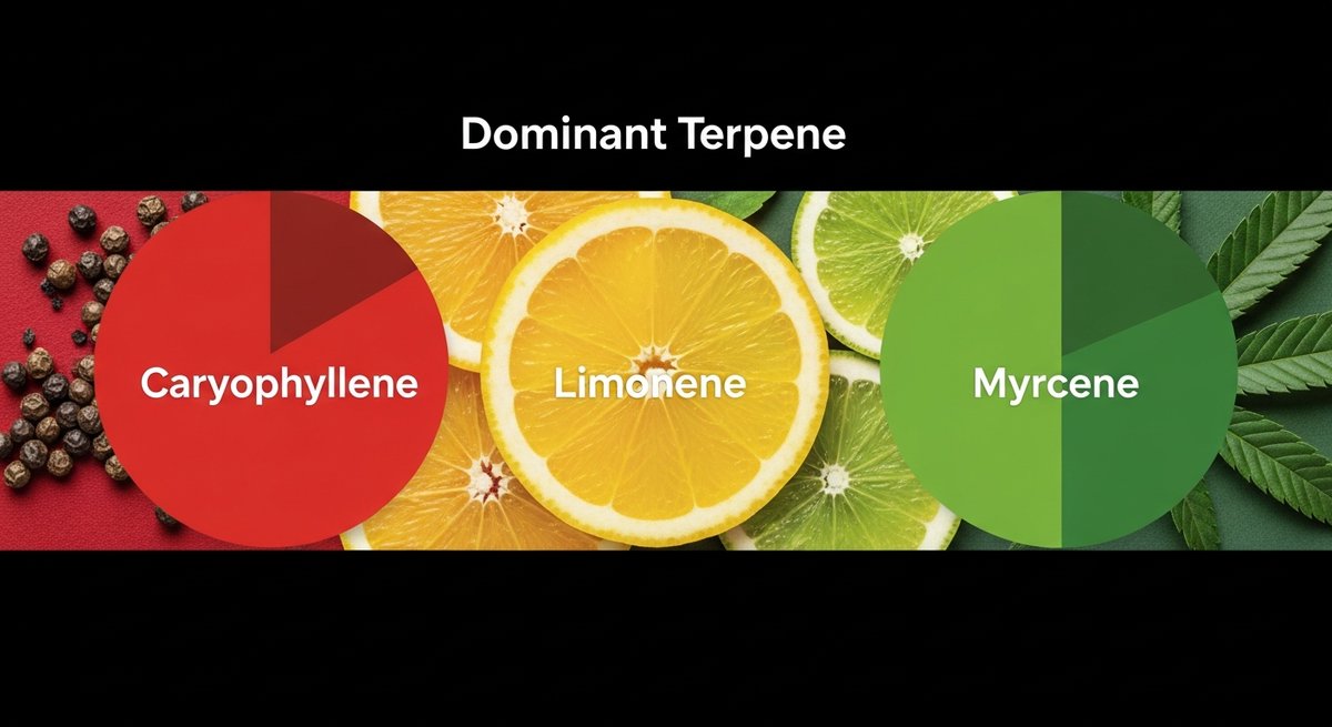 Wedding Cake Strain 2 Terpene profile graphic for Wedding Cake showing Caryophyllene in red, Limonene in yellow, and Myrcene in green