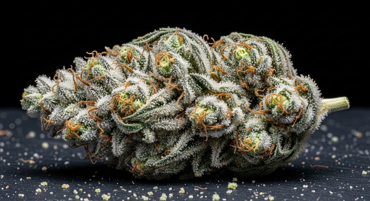 Blue Dream strain vs White Widow strain — Which Is Right for You? 5 White Widow cannabis bud densely coated in white crystalline trichomes on dark stone surface under cool studio lighting