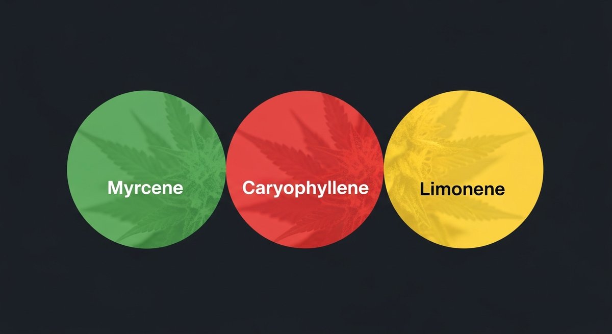 Wilson Strain 2 Terpene profile graphic for Wilson strain showing Myrcene in green, Caryophyllene in red, and Limonene in yellow