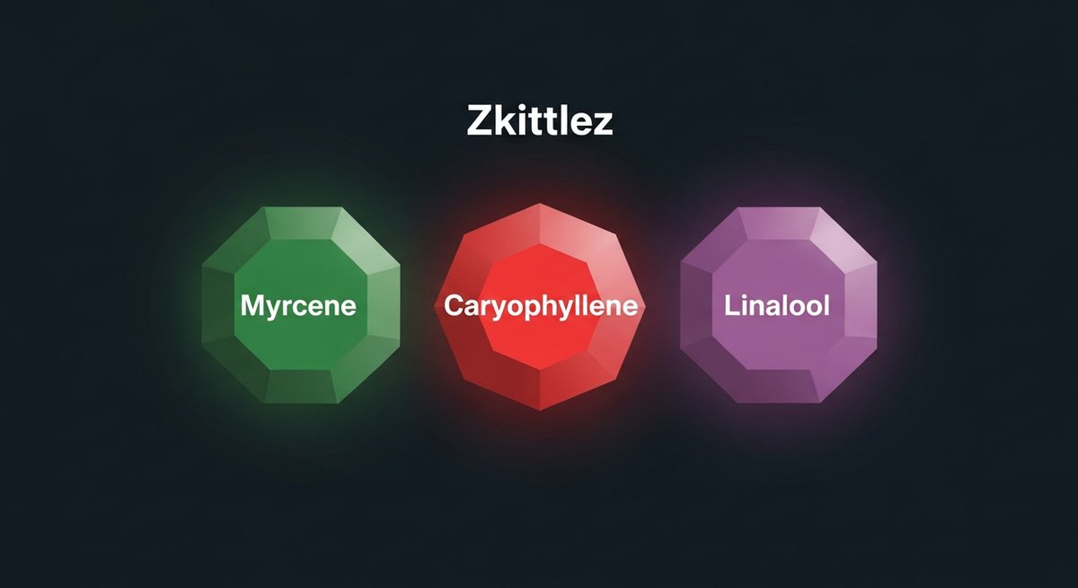 zkittlez Strain 2 Terpene profile graphic for Zkittlez showing Myrcene in green, Caryophyllene in red, and Linalool in purple